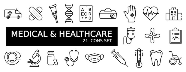 Naklejka premium A set of 21 simple and clear line art icons related to medical and healthcare, covering a range of topics from emergency services to medical tools and symbols of wellness.