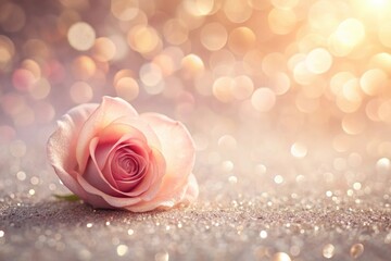 A Delicate Pink Rose Resting on Sparkling Glittering Surface with Soft Bokeh Lights
