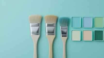 Three paintbrushes of varying sizes sit next to a palette of pastel paint colors on a teal background. Perfect for DIY projects!