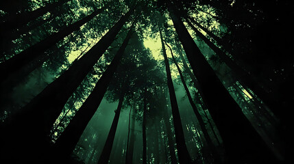 Naklejka premium Mystical Redwood forest, fog, tall trees, dramatic low angle view, dark green tones, nature background.