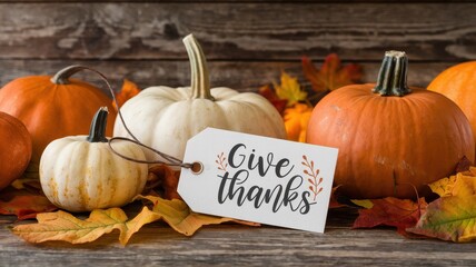 Pumpkins and autumn leaves with a give thanks tag