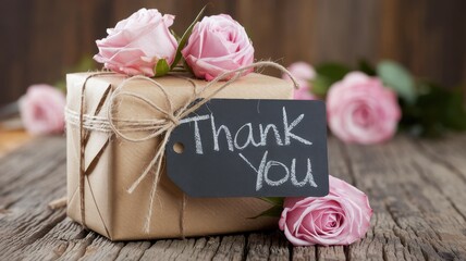 A gift with a thank you tag and pink roses