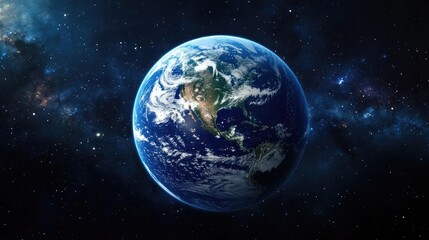 Planet Earth View from Space Showing Americas with Atmospheric Glow and Stars in Deep Space