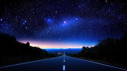 Naklejka premium A serene night scene depicting a long road under a stunning starry sky, blending natural beauty with a sense of adventure.