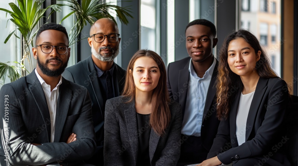 Poster a diverse group of corporate professionals is engaged in a meeting within a contemporary office spac