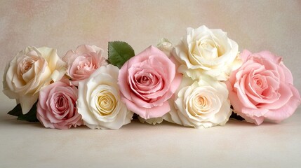 A collection of soft pink and cream roses arranged on a smooth surface, leaving clear space for text.