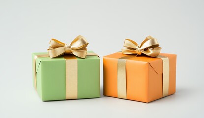 Obraz premium Two Small Gift Boxes with Gold Bows on Light Gray Background