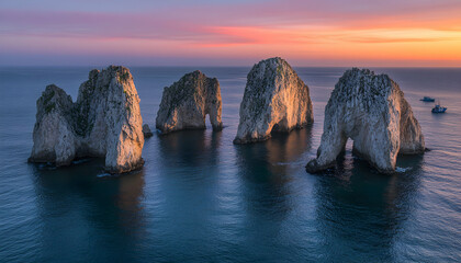 Breathtaking sunrise over dramatic sea stacks.  Serene coastal scene at dawn, tranquil waters reflect vibrant sky.