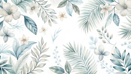 Serene Watercolor Botanical Frame Elegant Greenery and Delicate Blooms in Soft Blue and Beige Hues