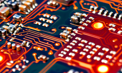 Close-up detailed shot of a vibrant red circuit board, showcasing intricate electronic components and pathways.  Ideal for technology, electronics, and engineering concepts.
