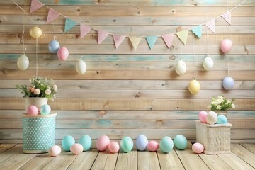 Obraz premium Pastel Easter eggs and spring flowers arranged against a rustic wooden backdrop with a festive bunting