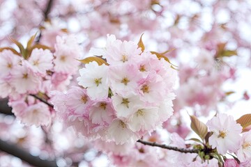 Soft Focus Close-Up of Pink & White Cherry Blossom Cluster, Dreamy and Romantic with Bokeh, Gold Leaves Detail, Springtime Floral Beauty