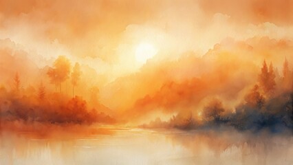Serene Sunset Over a Misty Lake, with Silhouetted Trees and Golden Hues Reflecting in the Calm Water