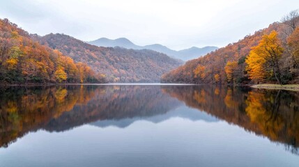 Fototapeta premium Autumn lake reflection, misty mountains, fall foliage, scenic view, nature photography