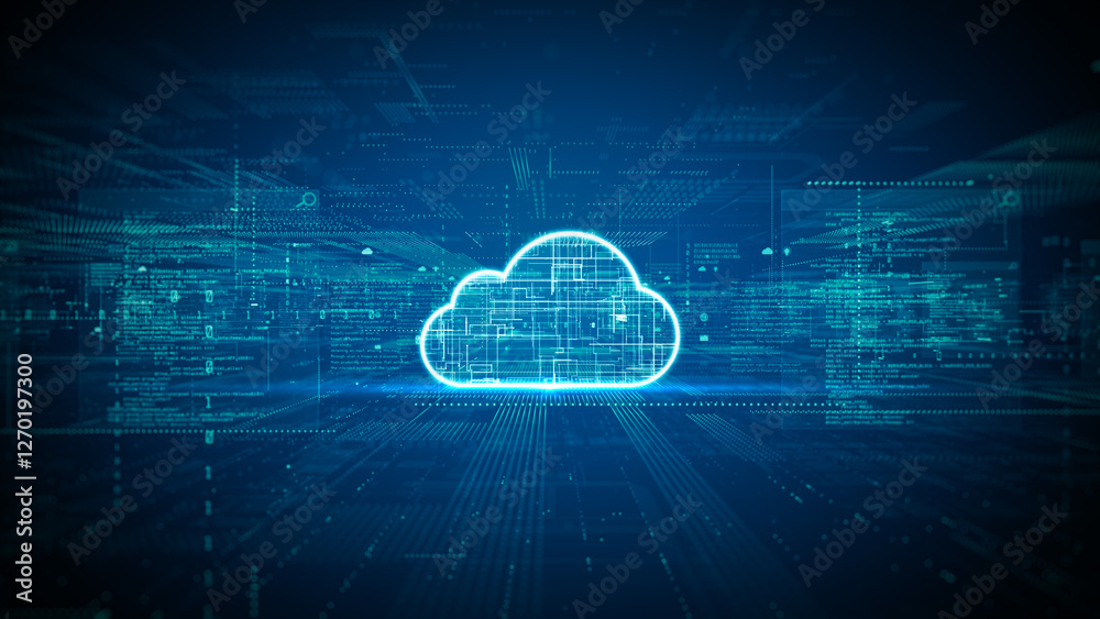Poster futuristic digital background with a glowing cloud icon represents cloud computing, big data storage