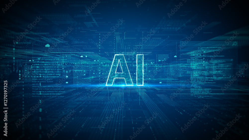 Aufkleber AI text in futuristic digital background with grids, and data symbolizing artificial intelligence, machine learning, Big Data processing analytics technology background 3d rendering