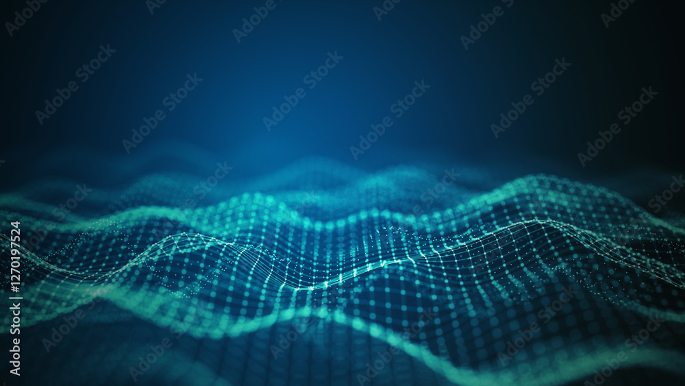 Aufkleber Futuristic big data technology background with glowing digital wave patterns symbolizing data flow, AI, quantum computing, and blockchain. Ideal for tech and innovation themes. 3d rendering