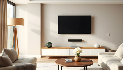 Interior mockup of a modern living room with a TV cabinet, lamp, table, flowers, and plants. Minimalist design with neutral tones, natural decor, and cozy ambiance, perfect for showcasing home decor i