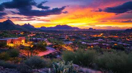 stunning sunset view over desert landscape with vibrant colors illuminating sky and homes nestled in hills