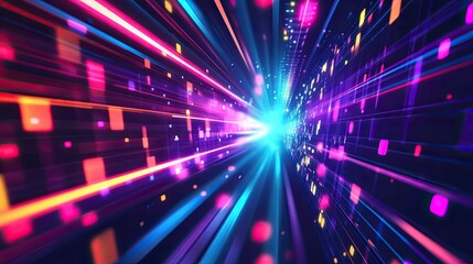 Obraz premium A high-tech abstract background with pixel-like elements and futuristic lighting, leaving space for text.