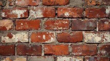 A historic brick wall with faded red and brown hues, slight erosion, and deep grooves in the mortar.