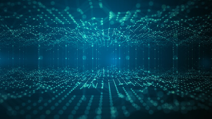 Futuristic digital data grid with glowing dots forming a technology network. Ideal for blockchain, Artificial Intelligence, Big data transfer concepts in innovation and data analytics. 3d rendering