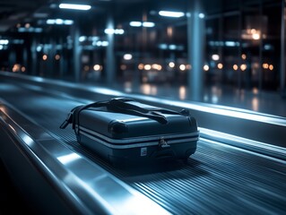 Fototapeta premium Solo Suitcase on Airport Conveyor Belt at Night. - ai