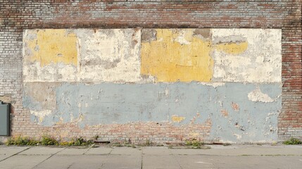 A large, industrial building wall with a faded paint layer and exposed brick texture.