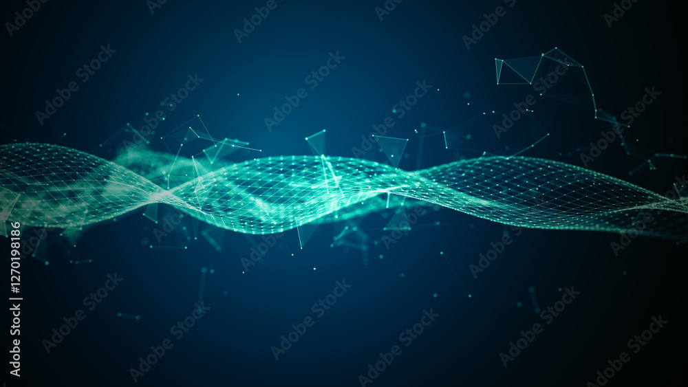 Aufkleber Abstract futuristic wave with digital data node connections, Digital big data network flow, Technology blockchain connection ideas for futuristic, 3d rendering