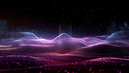 Abstract digital city landscape with glowing waves