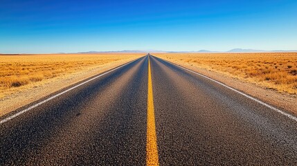 A long, straight road with freshly paved asphalt, stretching across a flat, open landscape with no vehicles.