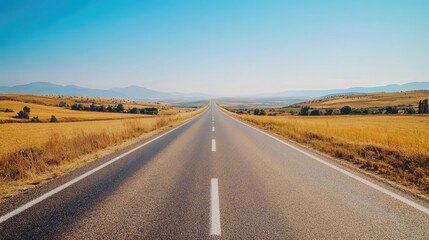 A long, straight road with freshly paved asphalt, stretching across a flat, open landscape with no vehicles.