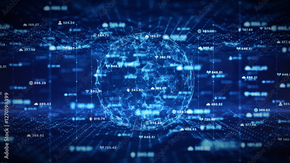 Aufkleber Abstract futuristic digital globe network with interconnected data points, representing big data connection, cloud computing, and global communication technology. 3d rendering