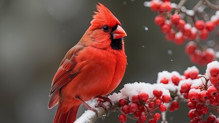 3. **Festive Winter Scene: Red Cardinal on a Frosty Branch with Snow and Red Berries**
