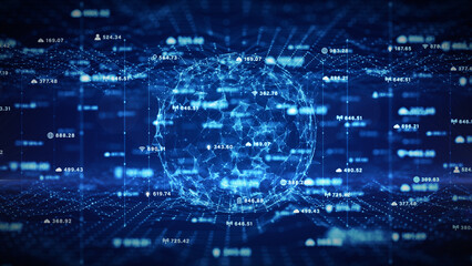 Abstract futuristic digital globe network with interconnected data points, representing big data connection, cloud computing, and global communication technology. 3d rendering