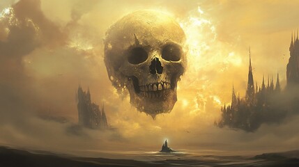 Giant Skull Over a Desolate Cityscape: A Digital Painting of an Apocalyptic Fantasy