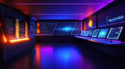Futuristic server room, digital displays, glowing lights. Use Stock photo