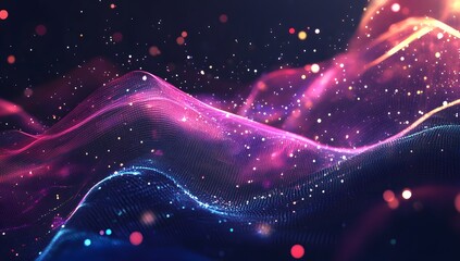 Abstract digital waves, vibrant colors, particles in motion, night background