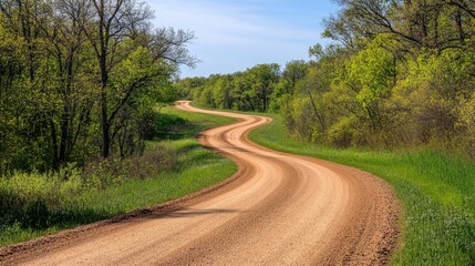Naklejka premium A rural dirt road winding through the woods with a clear sky above and a smooth horizon.