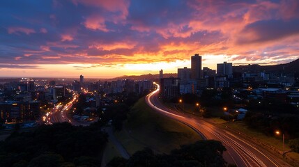 Dramatic Sunset Over South African City With Illuminated Roads and Buildings