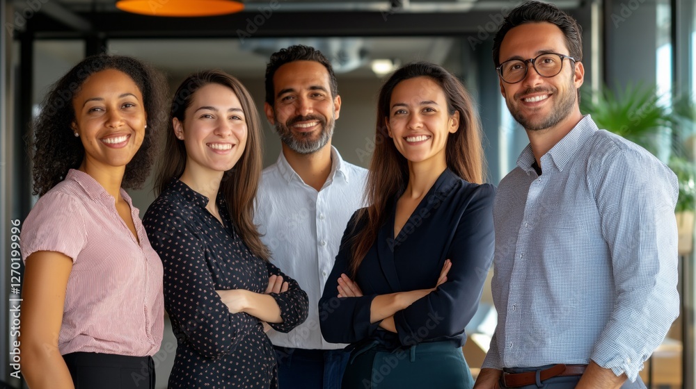 Poster five professionals from diverse backgrounds stand together in a contemporary office environment, sho