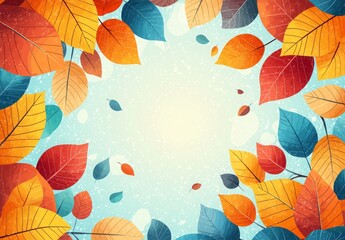 Vibrant Autumn Leaves Frame on Soft Blue Background with Falling Leaves and Gentle Light