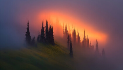 Enchanting sunset illuminating a misty mountain slope with silhouetted evergreen trees, creating a serene and magical atmosphere.