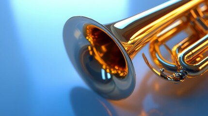 Close-up of a gleaming golden trumpet against a cool blue backdrop. The instrument's polished surface reflects light, highlighting its intricate details.