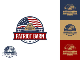 An emblem logo featuring a barn with the American flag as the background, representing a patriotic barn theme. © Angon_Graphic