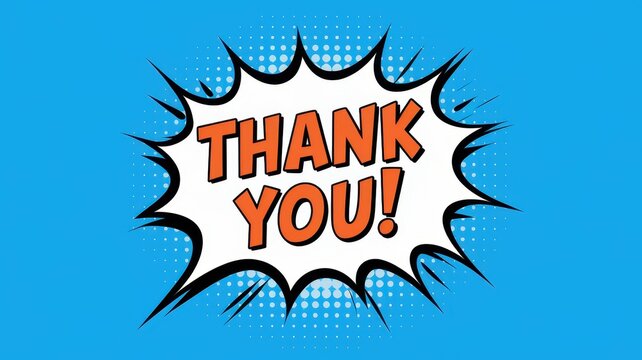 Comic book style thank you message on blue background