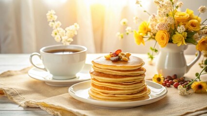 A delightful stack of golden pancakes topped with crunchy nuts and dried fruit, accompanied by a warm cup of tea and a vase of vibrant yellow flowers, creating a serene and inviting breakfast scene.