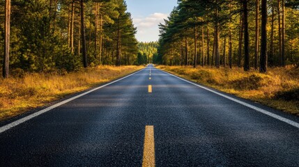 Obraz premium A straight road stretching into the distance, surrounded by tall trees and open grassland under a bright sky.