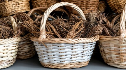 Wicker baskets filled with dried plants, shop display