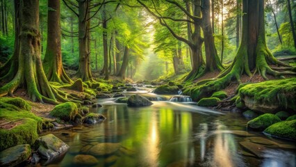 Fototapeta premium Serene Forest Stream, Sunlit Canopy, Mossy Roots, Tranquil Waters, Peaceful Nature Scene